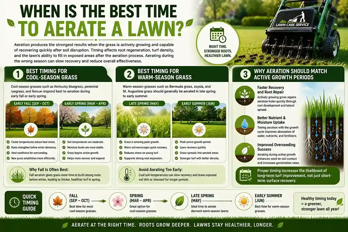 Best Time to Aerate a Lawn: Seasonal Timing Guide Infographic showing the best time to aerate a lawn for cool-season and warm-season grasses with seasonal timing and lawn recovery benefits