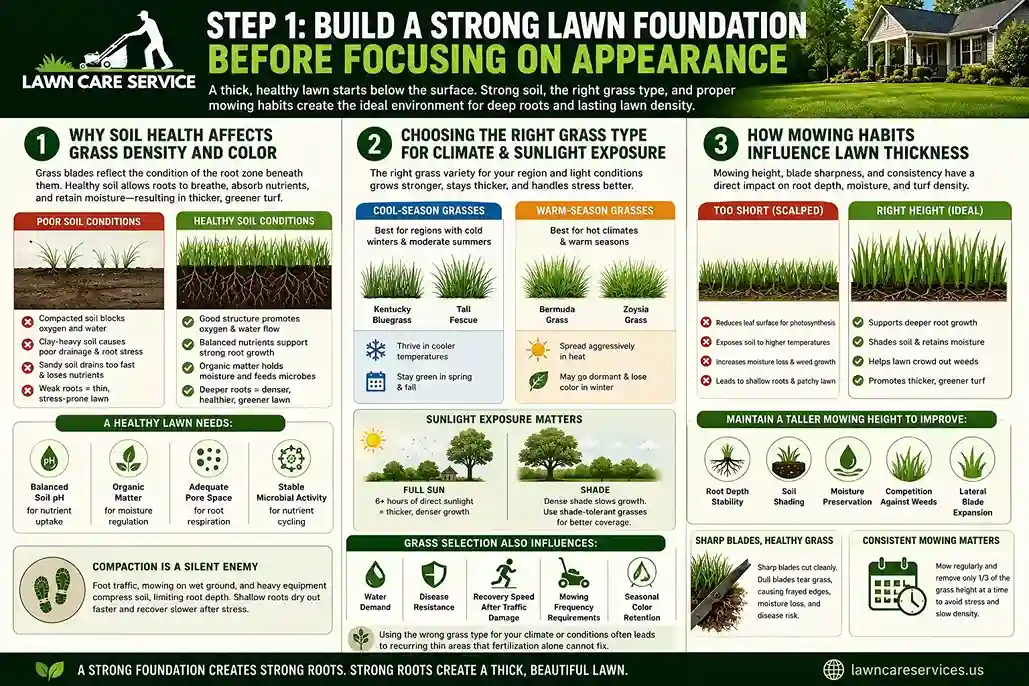 Step 1: Build a Strong Lawn Foundation Before Focusing on Appearance | Lawn Care Infographic explaining how to build a strong lawn foundation through healthy soil, proper grass selection, and correct mowing practices for thicker, greener turf.