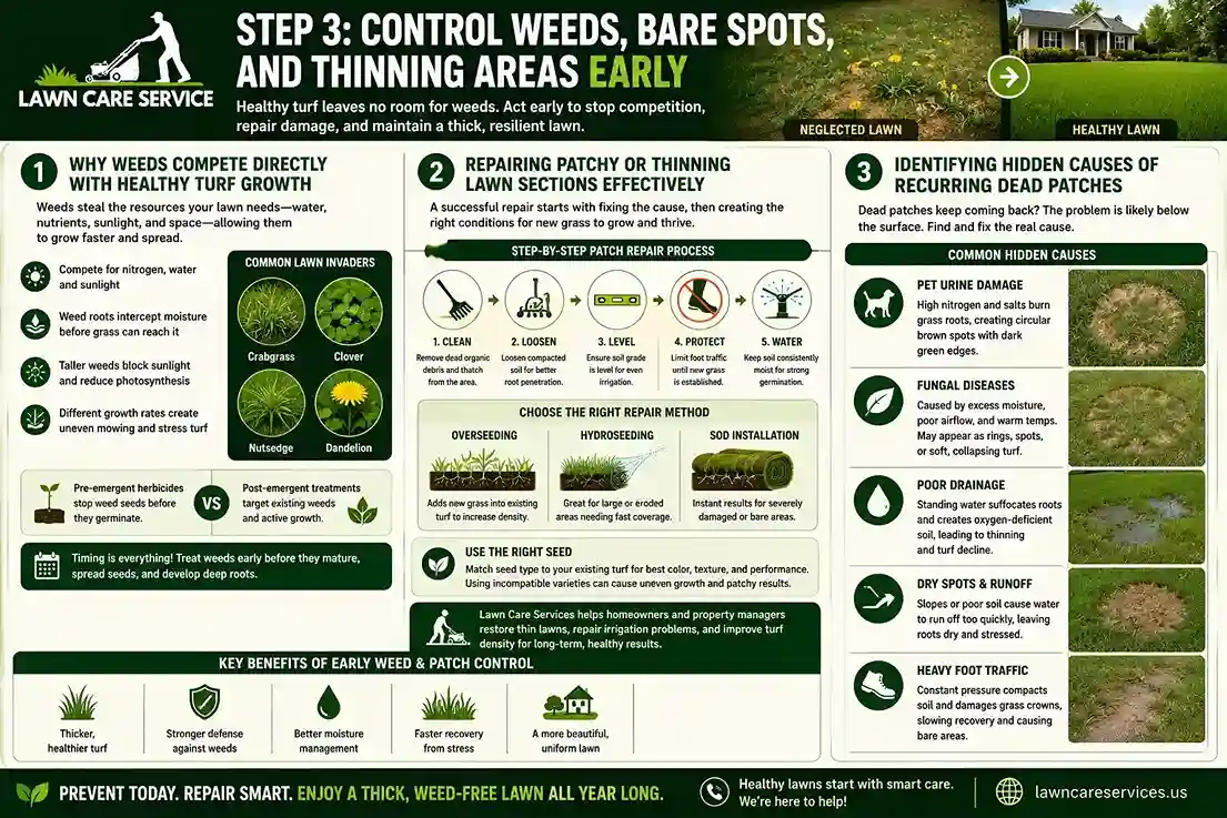 Step 3: Control Weeds, Bare Spots, and Thinning Areas Early | Lawn Care Landscape infographic showing how to control weeds, repair bare spots, and restore thinning lawn areas through overseeding, weed management, and lawn maintenance best practices.