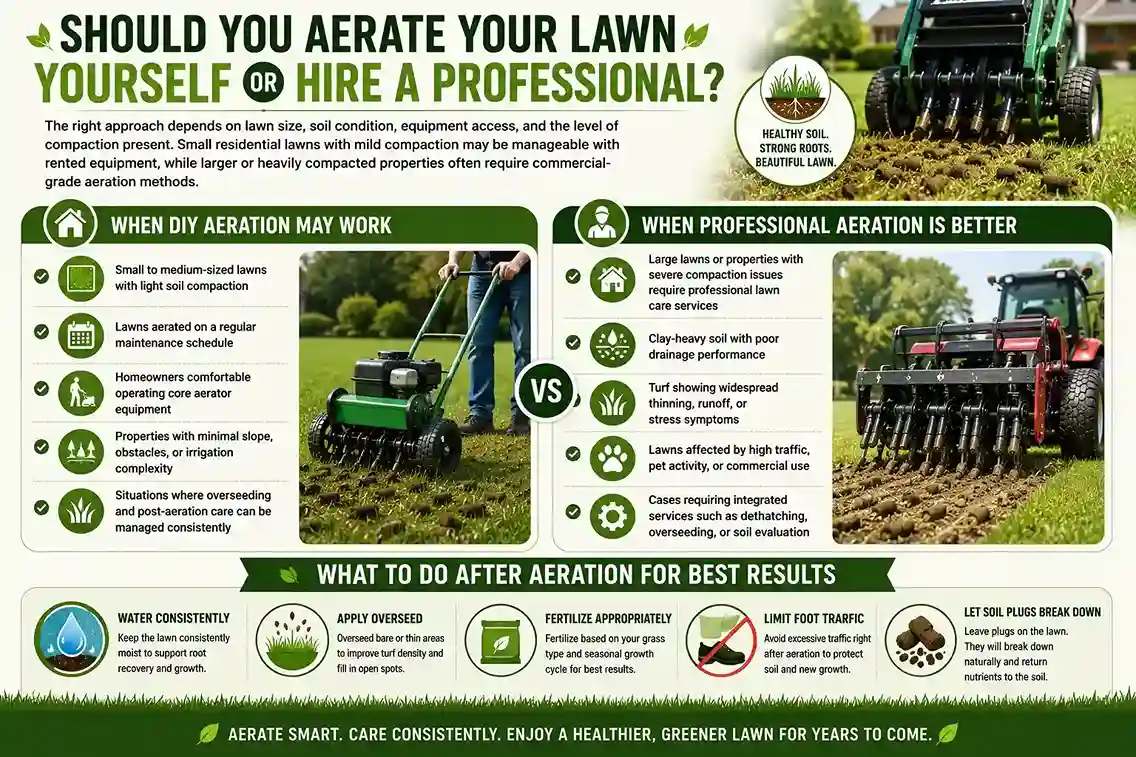 DIY vs Professional Lawn Aeration: Which Is Best? Infographic comparing DIY lawn aeration vs professional lawn aeration and explaining post-aeration care for healthier grass