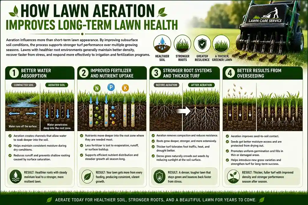 How Lawn Aeration Improves Long-Term Lawn Health Infographic showing how lawn aeration improves long-term lawn health through better water absorption, nutrient uptake, stronger roots, and overseeding success