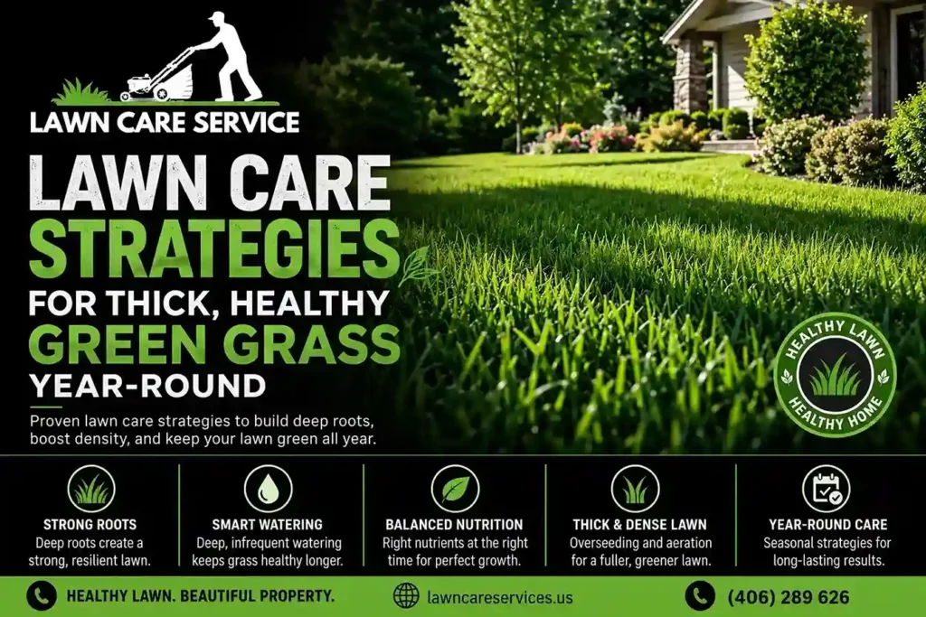 Lawn Care Service featured image showing lawn care strategies for growing thick, healthy green grass year-round with mowing, watering, fertilization, and lawn maintenance.
