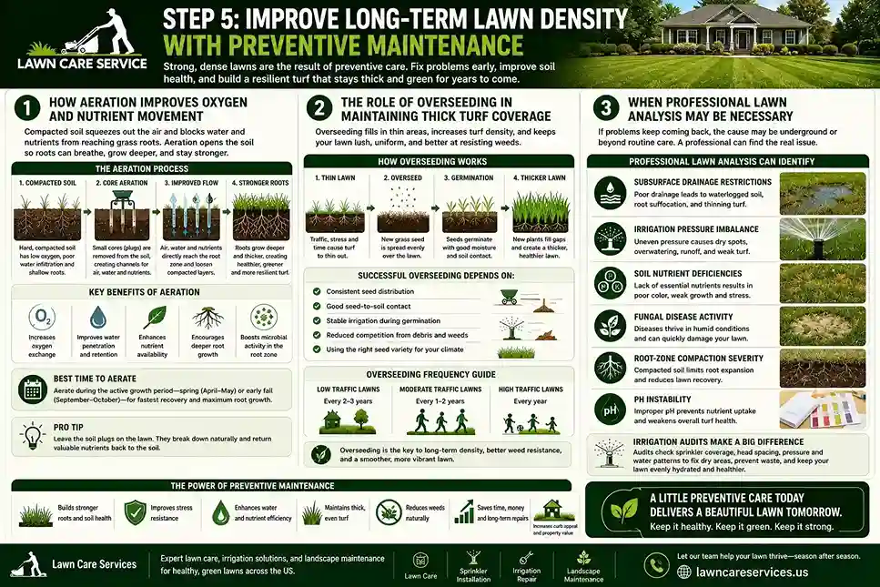 Step 5: Improve Long-Term Lawn Density With Preventive Maintenance | Lawn Care Landscape infographic explaining preventive lawn maintenance with aeration, overseeding, and professional lawn analysis to improve long-term lawn density and turf health.
