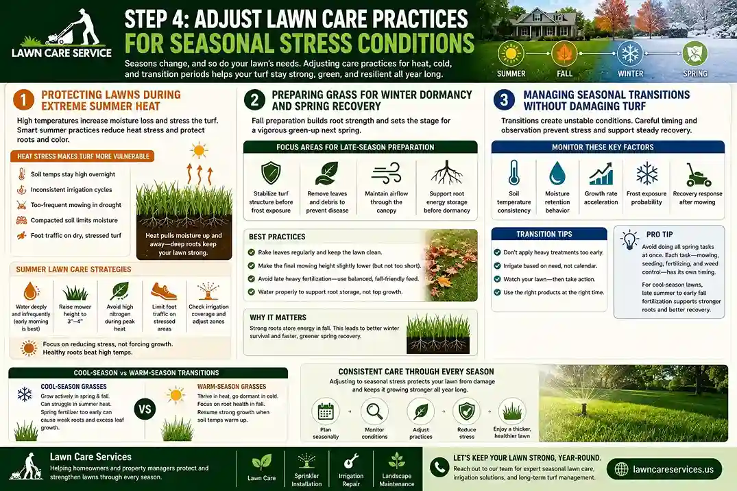 Step 4: Adjust Lawn Care Practices for Seasonal Stress Conditions | Lawn Care Landscape infographic explaining seasonal lawn care practices for summer heat, winter preparation, and seasonal transitions to maintain healthy, thick green grass year-round.