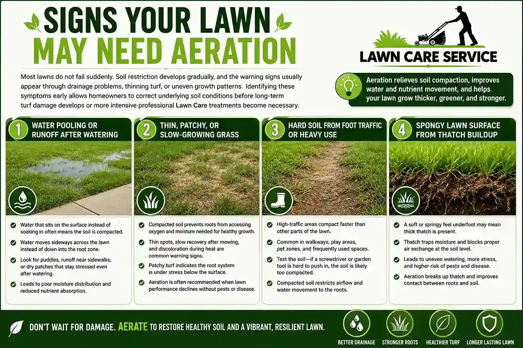 Signs Your Lawn May Need Aeration: Key Warning Signs Infographic showing signs your lawn needs aeration, including water pooling, patchy grass, compacted soil, and excessive thatch buildup