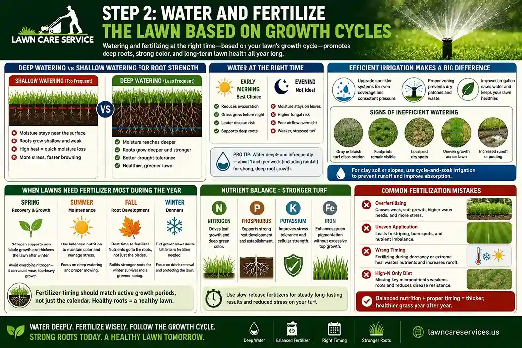 Step 3: Control Weeds, Bare Spots, and Thinning Areas Early
Thin turf creates open space for weed invasion, moisture imbalance, and uneven lawn recovery. Once turf density decreases, competing vegetation and localized stress conditions spread faster because the lawn canopy can no longer regulate surface temperature, sunlight exposure, or nutrient distribution efficiently.
Why Weeds Compete Directly With Healthy Turf Growth
Weeds aggressively consume the same resources required for turf development, particularly nitrogen, water, and sunlight. Fast-growing broadleaf weeds and invasive grassy weeds often establish faster than weakened turf because they tolerate environmental stress more efficiently.
Crabgrass, clover, nutsedge, and dandelions commonly spread through lawns with inconsistent turf coverage or exposed soil. Their root systems intercept moisture before surrounding grass can access it, while taller weed structures reduce sunlight penetration into the turf canopy.
Weed pressure also changes mowing dynamics. Some invasive species grow at different rates than turfgrass, creating uneven mowing surfaces that reduce lawn uniformity and increase mechanical stress on healthy grass sections.
Pre-emergent herbicides target weed seed germination before visible growth begins, while post-emergent treatments address active infestations already competing with the turf. Application timing matters because ineffective timing allows weeds to mature, spread seed, and establish deeper root systems that are harder to suppress.
Repairing Patchy or Thinning Lawn Sections Effectively
Bare spots usually indicate localized failure within the growing environment rather than isolated cosmetic damage. Successful repair depends on correcting the underlying condition before reseeding or turf replacement begins.
Overseeding increases turf density by introducing new grass plants into thinning areas without removing the existing lawn. However, seed establishment depends heavily on seed-to-soil contact, moisture consistency, and competition control during early germination stages.
Patch recovery improves when:
Dead organic debris is removed before seeding
Compacted surface layers are loosened
Soil grade remains level for even irrigation
Temporary traffic reduction protects germinating seedlings
Seed selection should match the surrounding turf type to prevent visible texture and color inconsistencies. Mixing incompatible grass varieties often produces uneven growth behavior and inconsistent mowing response.
Hydroseeding and sod installation may accelerate recovery in severely damaged sections, especially where erosion or large-scale thinning prevents stable germination conditions.
Lawn Care Services works with homeowners and property managers dealing with thinning turf, irrigation inefficiencies, patch repair, and long-term lawn recovery issues. The company provides lawn care, sprinkler installation, irrigation repair, and landscape maintenance services focused on improving turf density, moisture distribution, and seasonal lawn performance.
Identifying Hidden Causes of Recurring Dead Patches
Repeated turf failure in the same location usually signals unresolved environmental or biological stress rather than maintenance inconsistency. Surface-level regrowth treatments often fail because the root cause remains active below the canopy.
Pet urine damage typically creates concentrated nitrogen and salt accumulation, leading to circular burn patterns with dark green outer edges. Fungal diseases create different symptoms depending on moisture levels, airflow restriction, and temperature conditions. Some diseases produce ring-shaped discoloration, while others create soft, collapsing turf tissue.
Localized drainage failure also contributes to chronic thinning. Areas that remain saturated after rainfall often develop oxygen-deficient root zones that weaken turf persistence over time. Conversely, slopes and elevated areas may dry excessively due to runoff concentration and reduced moisture retention.
Landscape infographic explaining how to water and fertilize a lawn based on growth cycles, comparing deep vs shallow watering, fertilizer timing, nutrient balance, and common lawn care mistakes.