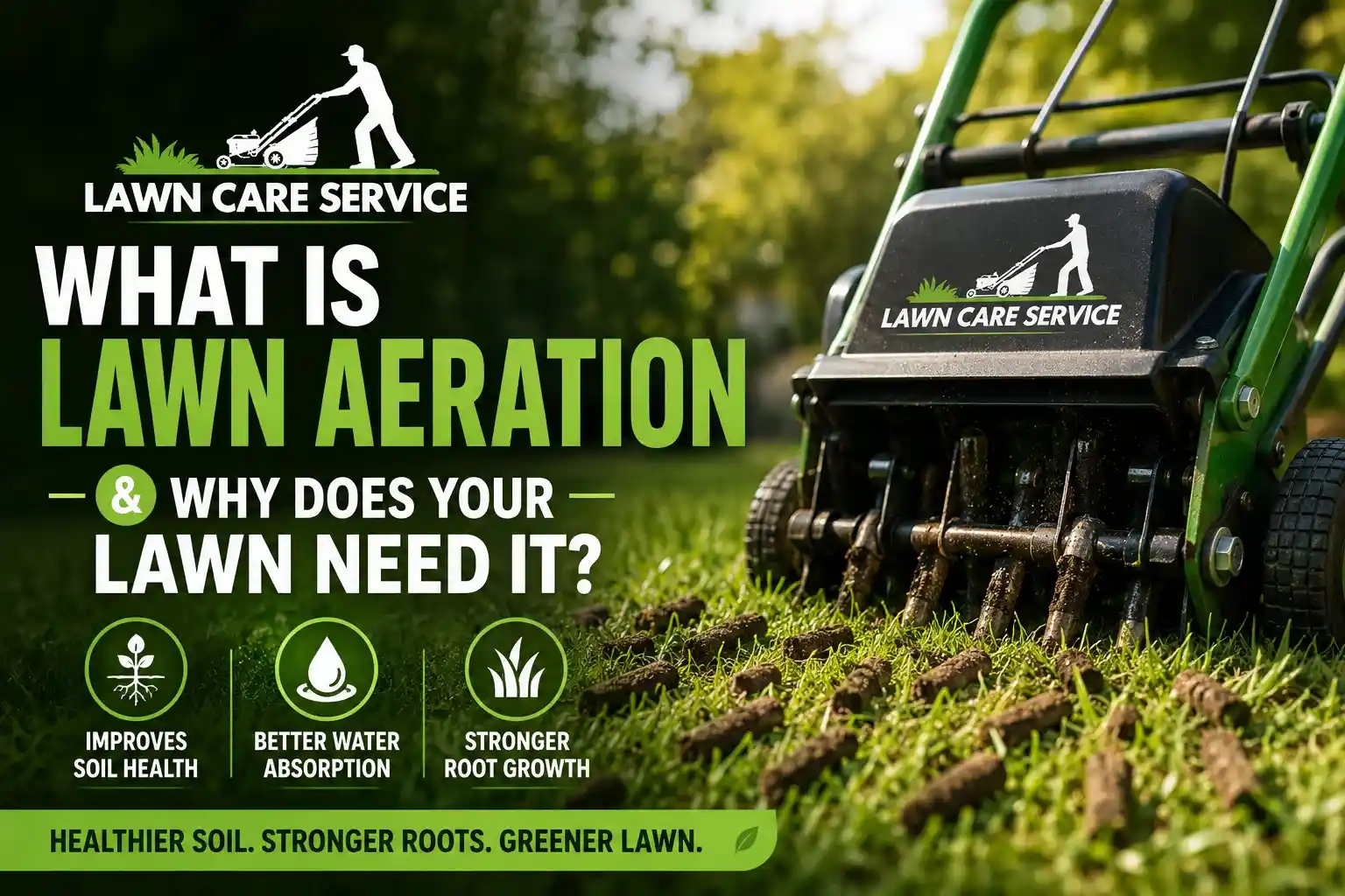 Core lawn aeration machine improving soil health and grass growth with Lawn Care Service logo