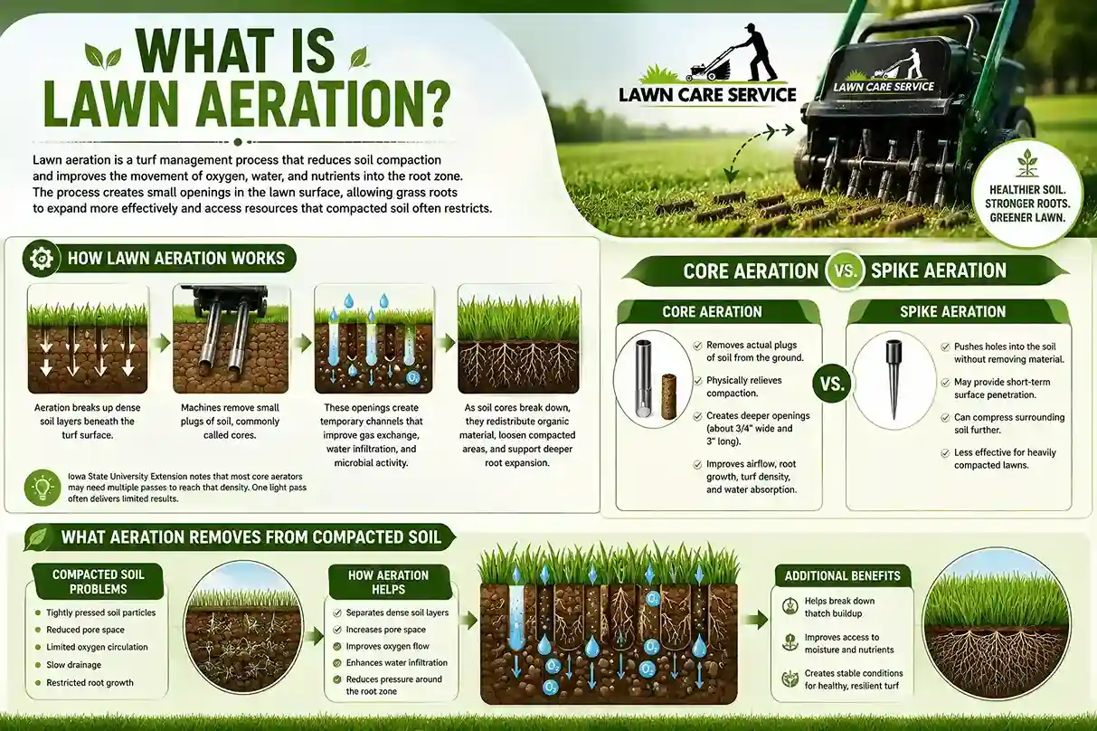 What Is Lawn Aeration? Complete Guide Infographic explaining lawn aeration, core aeration vs spike aeration, and how aeration improves soil health, root growth, and water absorption