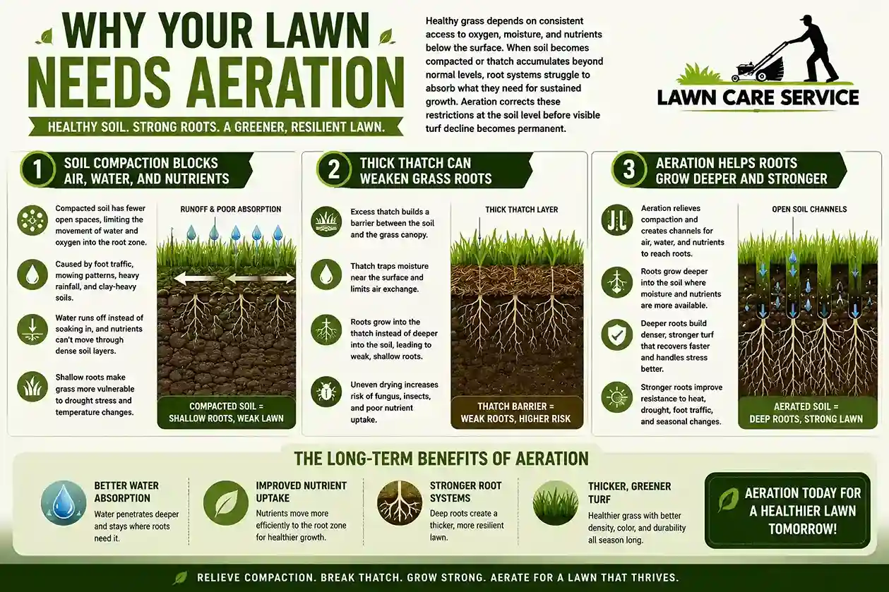 Why Your Lawn Needs Aeration: Soil, Roots & Turf Benefits Infographic showing why lawn aeration is important, including soil compaction, thatch buildup, deeper root growth, and long-term lawn health benefits