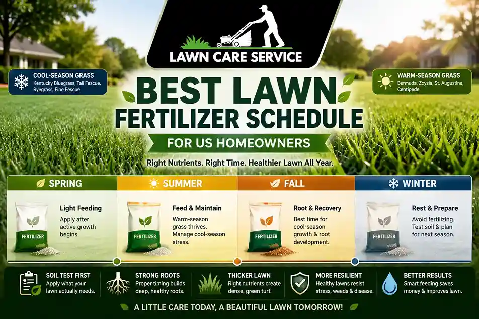 Best lawn fertilizer schedule infographic for US homeowners showing seasonal fertilization timing for cool-season and warm-season grasses.
