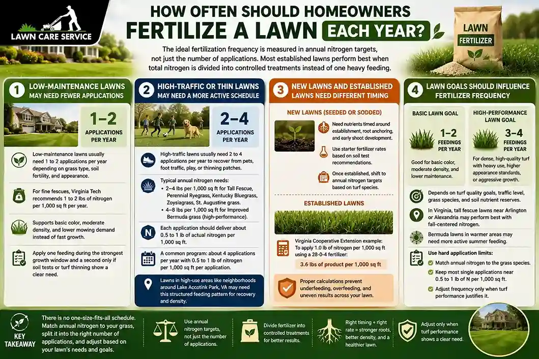 How Often Should Homeowners Fertilize a Lawn Each Year? Infographic explaining how often homeowners should fertilize a lawn each year based on lawn type, traffic, and annual nitrogen requirements.