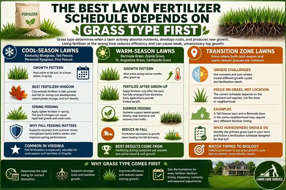 Lawn Fertilizer Schedule by Grass Type Infographic comparing lawn fertilizer schedules for cool-season, warm-season, and transition zone grasses in the United States.