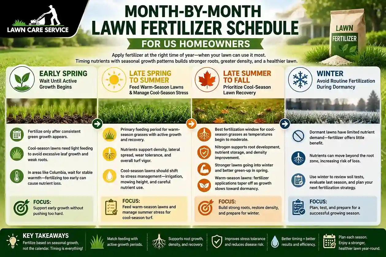 Month-by-Month Lawn Fertilizer Schedule for US Homeowners Month-by-month lawn fertilizer schedule infographic showing the best fertilization timing from spring through winter for US homeowners.