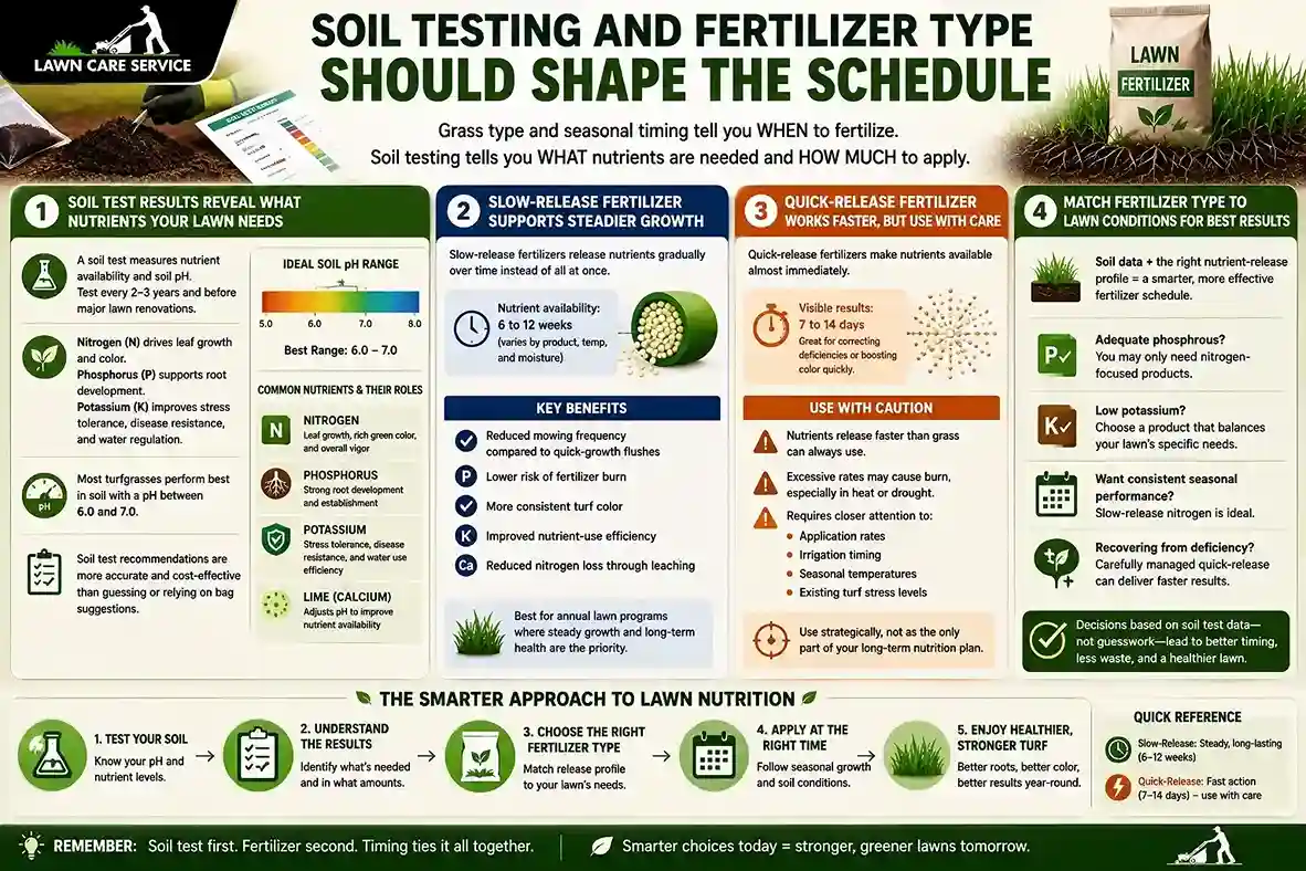Soil Testing and Fertilizer Type Should Shape the Schedule Infographic explaining how soil testing and fertilizer type help determine the best lawn fertilization schedule for healthy grass growth.